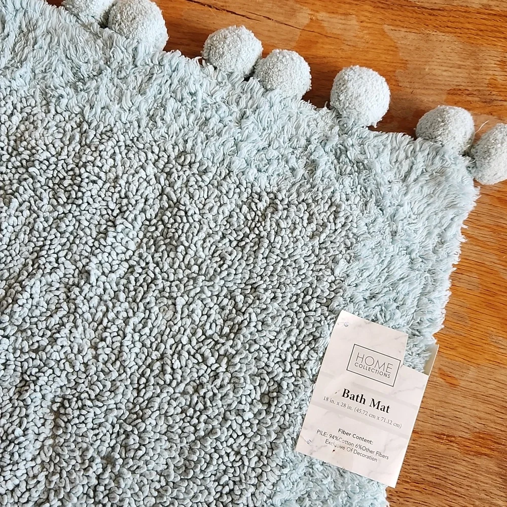 Boho Bath Mat Rug with Ball Fringe Blue Cotton‎ pompoms
